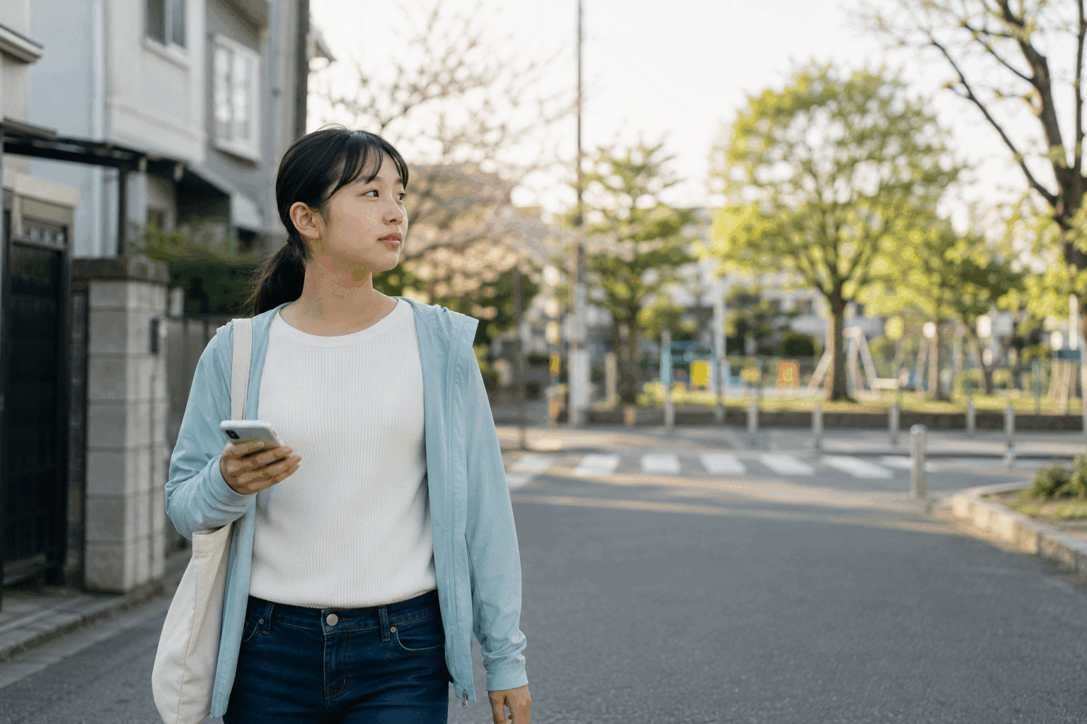 帰宅途中にスマートフォンを持つ子ども