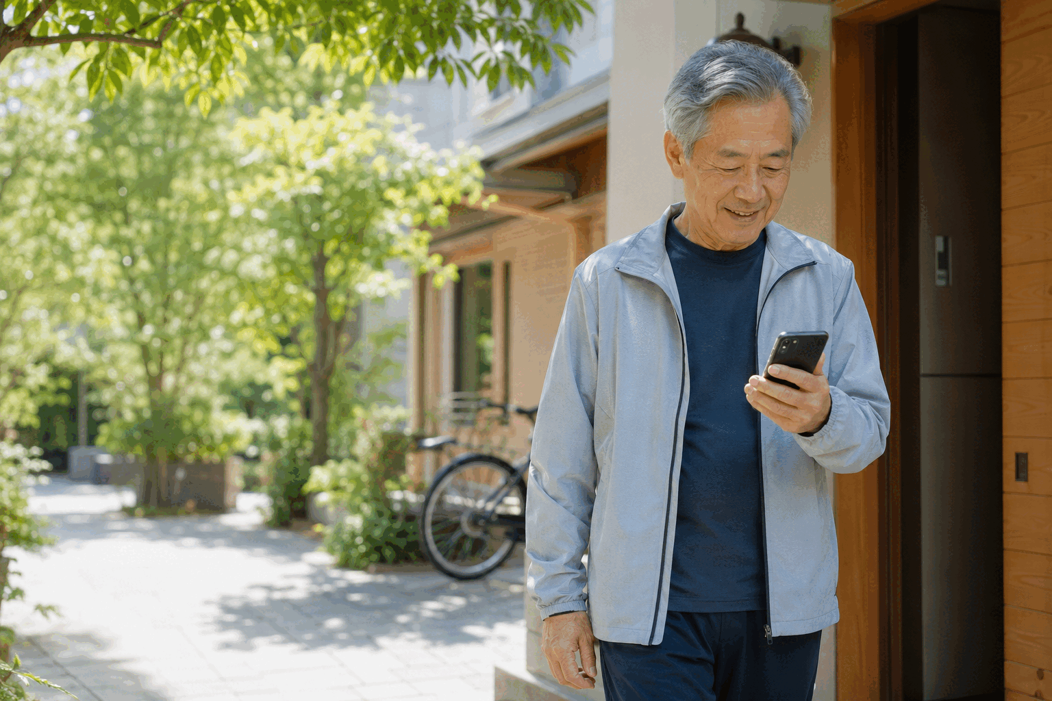 散歩から戻りスマートフォンを見る父親